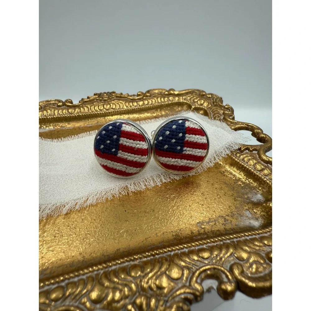 American Flag Needlepoint Cufflinks Silver Tone Patriotic USA Red White Blue